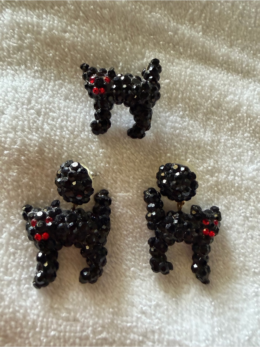 Vintage Black Crystal Cat Brooch and Earring Set - Sparkling Black with Red Eyes